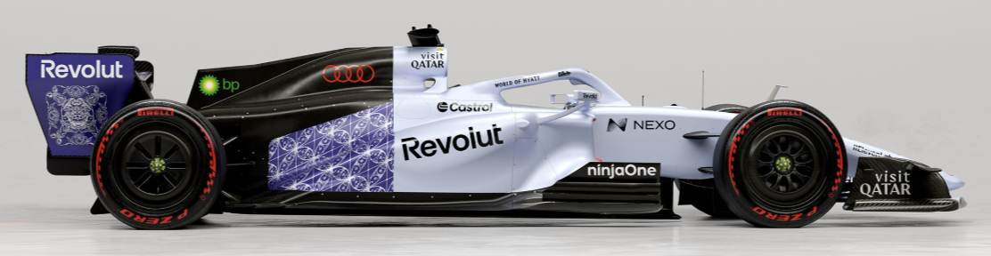 Audi R26 in its silver and purple Peranakan-pattern livery for the 2026 Singapore Grand Prix